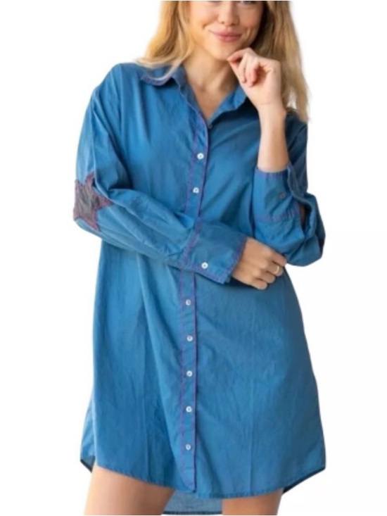 NATURAL LIFE Dresses & Skirts - NATURAL LIFE Size Large Lesli Blue Shirt Dress Star Elbow Patch - L/XL